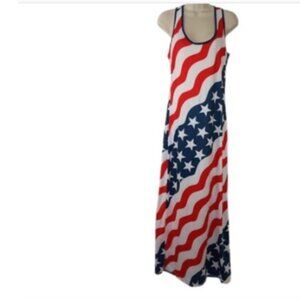 American Leisure Womens Maxi Tank Dress Stars & Stripes Flag Print Knit L New